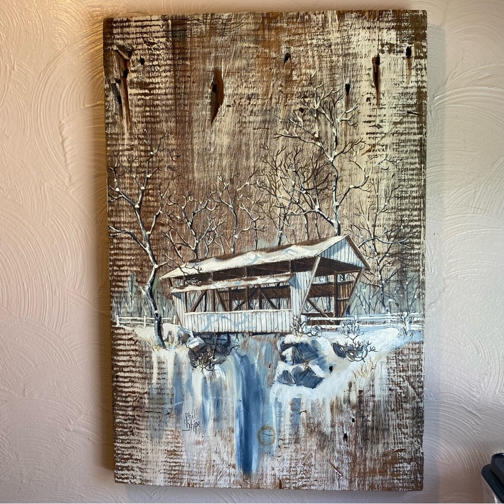Phil Shipe Original Painting Rockmill Bridge Fairfield Co OH Aged Pine Barn Wood